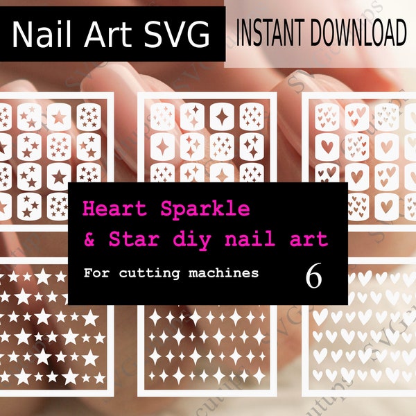 Fichier SVG nail art, ensemble de pochoirs à ongles et d'autocollants, étoile, coeur et éclat, SVG pour Cricut