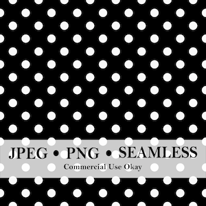 May include: A digital pattern featuring a repeating design of solid white circles arranged in a grid on a black background. A horizontal light gray banner across the center displays the black text JPEG • PNG • SEAMLESS Commercial Use Okay.
