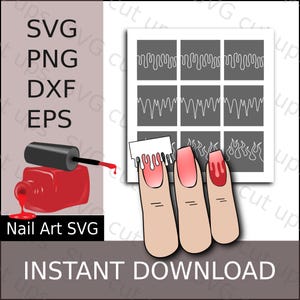 Puede incluir: Diseño digital de arte de uñas con un frasco y pincel de esmalte de uñas rojo, con el texto "Nail Art SVG" y "Descarga instantánea". La imagen incluye diseños de arte de uñas e ilustraciones de uñas pintadas.