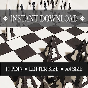 Gioco di scacchi stampabile, facile da montare, PDF in formato A4 e lettera USA, include scacchiere da 8 pollici e 12 pollici