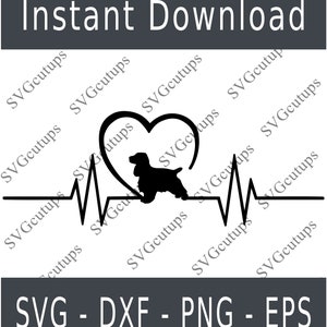 Puede incluir: Silueta en blanco y negro de un perro con una línea de latido del corazón y un corazón sobre el perro. El texto "Descarga instantánea" está en la parte superior de la imagen. El texto "SVG - DXF - PNG - EPS" está en la parte inferior de la imagen.
