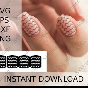 May include: Four black and white nail art decals with a wavy pattern. The decals are arranged in a row and are ready to be applied to nails.