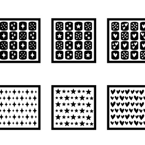 Op de afbeelding: Een set van zes zwart-witte nagelstickers met verschillende ontwerpen. De ontwerpen omvatten sterren, harten en geometrische vormen.