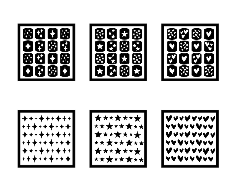 Op de afbeelding: Een set van zes zwart-witte nagelstickers met verschillende ontwerpen. De ontwerpen omvatten sterren, harten en geometrische vormen.