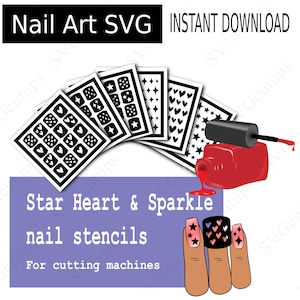 Nail Art SVG file, Nail stencil and sticker set, Star, Heart, and Sparkle, SVG for Cricut