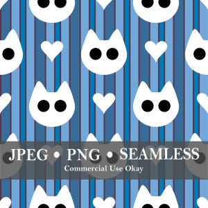 Chat blanc, motif rayé bleu sans couture, JPG, PNG, papier numérique, sublimation, tissu imprimé ou autres projets