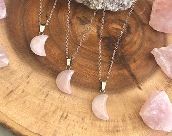 GENUINE Rose Quartz Moon Necklace Rose Quartz Jewelry Crystal Moon Necklace Pink Natural Crystal Necklace Silver