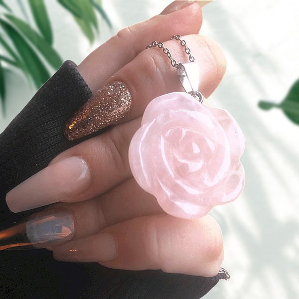 Rose Flower Quartz Necklace Rose Quartz Necklace Rose Flower Necklace Carved Crystal Rose Pendant Crystal Rose