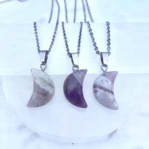 GENUINE AMETHYST Moon Necklace Moon Crystal Necklace Silver Amethyst Moon Jewelry Witchy Crystal Moon Necklace Crystal Moon Pendant Moon