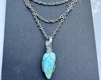 GENUINE Larimar Necklace Larimar Pendant Gemstone Wire Wrap Crystal Pendant Blue Larimar AAAA Larimar Gemstone Necklace Silver Larimar Blue