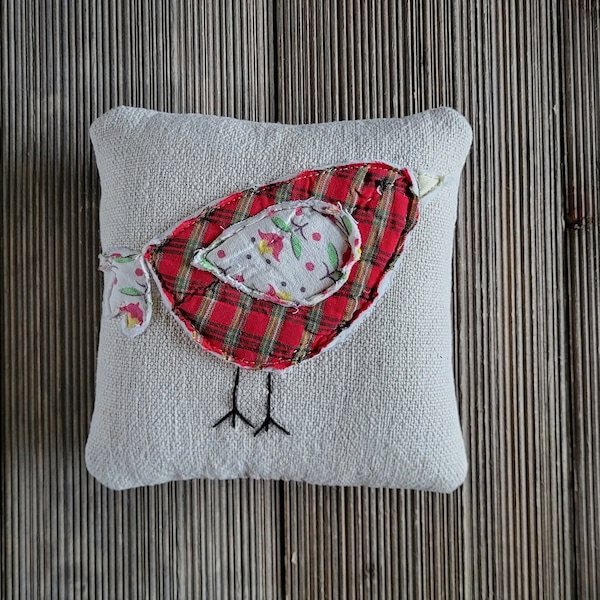 Songbird Grain Sack mini pillow,vintage grain sack pillow,spring decor,red bird pillow,spring bird,cupboard tuck pillow,farmhouse pillow