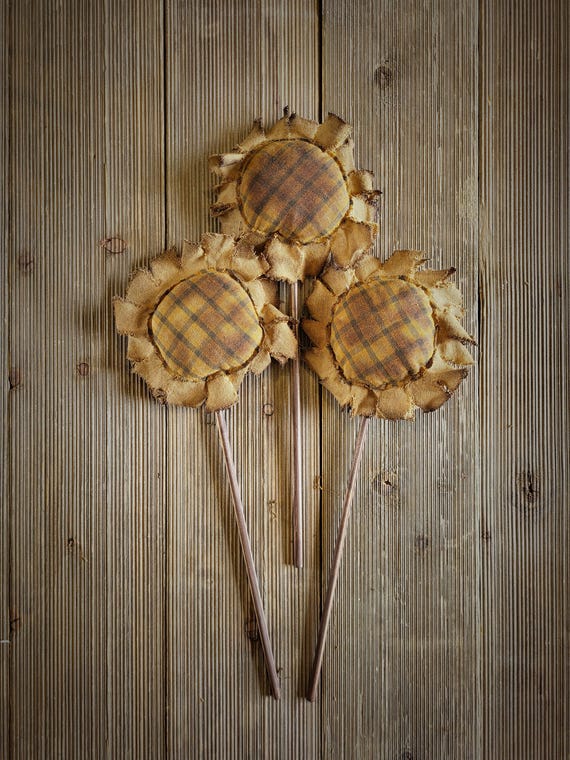 Primitive Sunflowers, Bundle of 3 Sunflowers,grungy coffee stained sunflowers,primitive decor,sunflowers on a stick,sunflowers,farmhouse