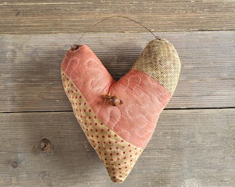 Quilted Heart, hanging quilt heart, Valentine decor, stuffed heart, hearts, repurposed quilt,  Valentines Day,primitive decor