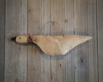 Primitive Goose,goose with rusty wire hanger,primitive decor,coffee stained primitive goose,goose cupboard hanger,goose,stuffed goose