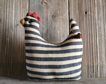 Primitive Chicken,coffee stained chicken,primitive decor,striped farmhouse chicken,chickens,farmhouse decor,rustic decor, stuffed chicken