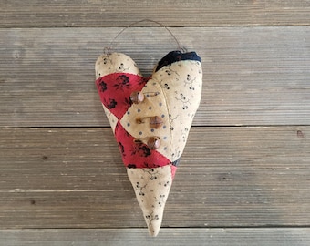 Primitive Heart, vintage quilt hanging heart, primitive valentine, coffee stained heart, primitive decor