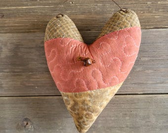 Quilted Heart, hanging quilt heart, Valentine decor, stuffed heart, hearts, repurposed quilt, Valentines Day, primitive decor