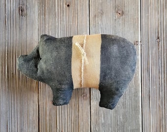Coffee stained pig, stuffed black pig, primitive pig, small handmade pig, farm life decor, farm house decor