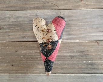 Primitive Heart, vintage quilt hanging heart, primitive valentine, coffee stained heart, primitive decor