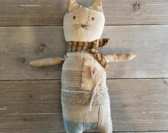 Primitive Cat,primitive kitten,coffee stained cat,primitive decor,cat lover,rustic stuffed kitten,cat shelf sitter,stuffed prim cat,kitten