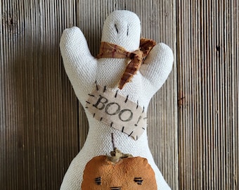 Grain Sack Ghost with Pumpkin: Primitive Halloween Fall Decor
