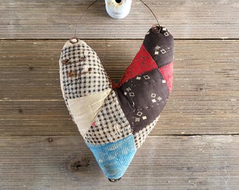 Primitive Heart, vintage quilt hanging heart, primitive valentine heart,primitive decor,repurposed quilt, rustic decor