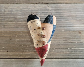 Primitive Heart, vintage quilt hanging heart, primitive valentine, coffee stained heart, primitive decor