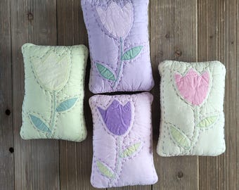 Tulip Quilt Pillow,small pillow,flower pillow,colorful flower pillow,repurposed quilt,spring decor,spring flower pillow,cute small pillow