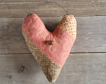 Quilted Heart, hanging quilt heart, Valentine decor, stuffed heart, hearts, repurposed quilt, Valentines Day, primitive decor