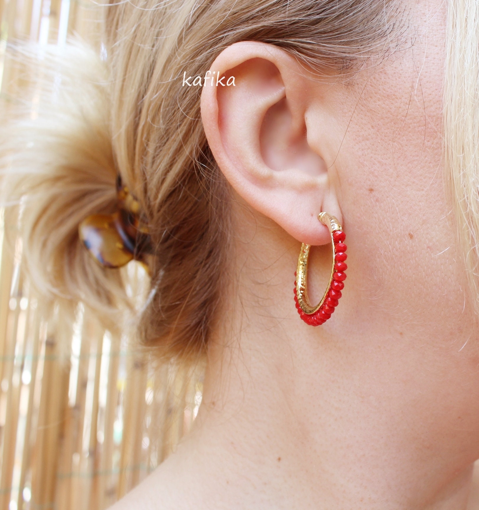 Beaded Hoop Earrings Gold Plated Red CZ beads hoops studs Etsy