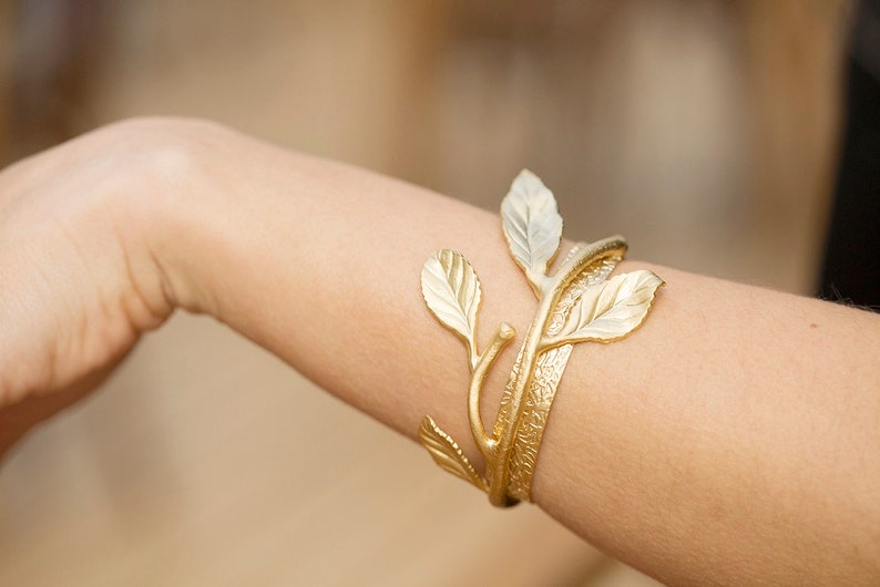 Leaves Bracelet Cuff 24K Matte Gold plated Leaf branches adjustable Turkish jewellery BLZ68A