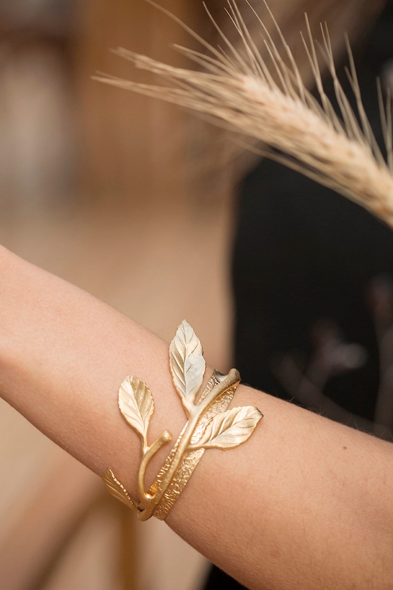 Leaves Bracelet Cuff 24K Matte Gold plated Leaf branches adjustable Turkish jewellery BLZ68A