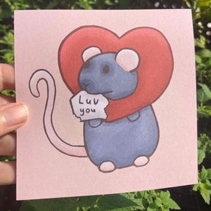 Linda tarjeta de amor de rata / tarjeta de rata mascota / regalo para amantes de las ratas / ilustración de rata de amor