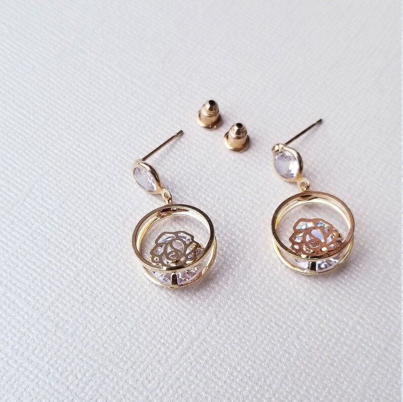 Rose in circle with big Diamond Stud Earrings Off Round copper Posts Nuts gift for Thanksgiving and Christmas.