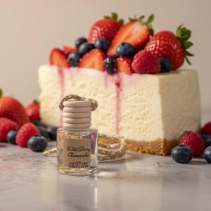 May include: A car air freshener with a Wild Berry Cheesecake scent sits in front of a cheesecake slice topped with strawberries, blueberries, and raspberries. The air freshener has a wooden top and a clear glass bottle.