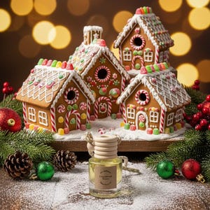 Peut inclure: Une scène de Noël festive avec des maisons en pain d'épices décorées de glaçage et de bonbons colorés. Un petit flacon en verre avec un bouchon en bois est placé devant les maisons, entouré de pommes de pin, de boules et de verdure. Le flacon porte l'inscription "Gingerbread Flame".