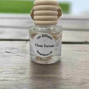 May include: A small, clear glass car air freshener bottle with a wooden cap. The cap is made of stacked, light-coloured wooden rings. The label reads "car diffuser" and "Clean Terrain". The website address lunarluxe.ca is also visible.