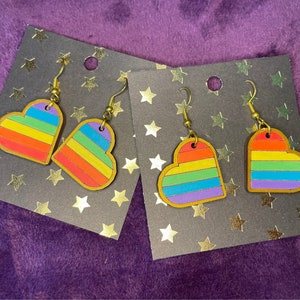 Rainbow heart dangle earrings - laser cut wood