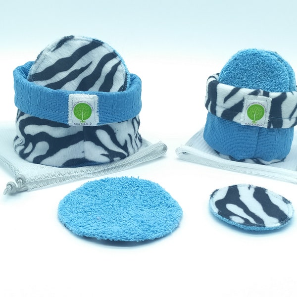 Zebra blue pattern MakeUp Remover discs , Animal print zebra blue Set of Washable Cotton Pads, Pack of Reusable Face Wipes, Eco gift for her