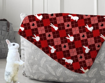 Cozy Red Buffalo Plaid Queen of Hearts White Bunny Rabbit Sherpa Fleece Throw Blanket | Cute Kawaii Bunny Mom Rabbit Lover Home Decor Gift