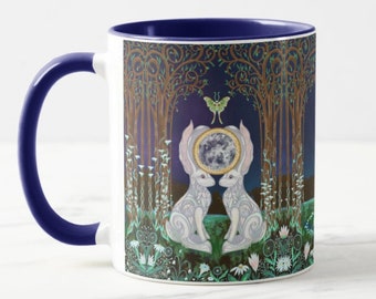 Weiße Kaninchen Luna Moth Vollmond Kunst Kaffeetasse | Niedliche Häschen Geschenke | Hexenkern Cottagecore | Feenkern Pilz Tasse | Bunny Mom Geschenke