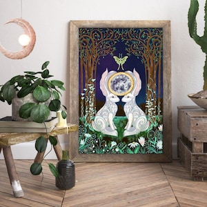 Ostara White Rabbit Luna Moth Full Moon Art Print | Pagan Decor | Cute Bunny Art | Cottagecore Gifts |Fairycore Mushroom Art |Bunny Mom Gift