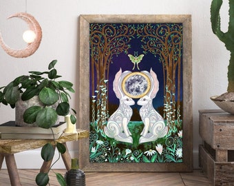 Ostara White Rabbit Luna Moth Full Moon Art Print | Pagan Decor | Cute Bunny Art | Cottagecore Gifts |Fairycore Mushroom Art |Bunny Mom Gift