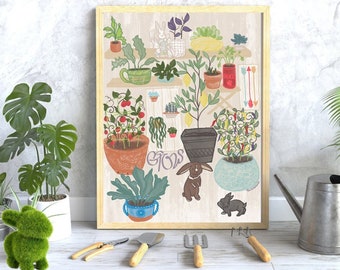 Frieden in Pflanzen Gartenarbeit Kunstdruck | Gärtnerin Kunst | Verrückte Pflanzen Dame | Cottagecore Wand Kunst | Kaninchen-Liebhaber-Wand-Kunst | Häschen Mama Geschenk