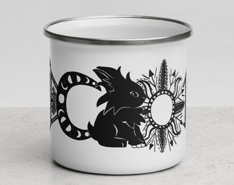 Schwarzes Kaninchen Elemental Alchemie Emaille Becher | Kaninchen-Liebhaber-Geschenke | Bunny Mom Geschenke | Schwarze Academia Tasse | Hexen Geschenke
