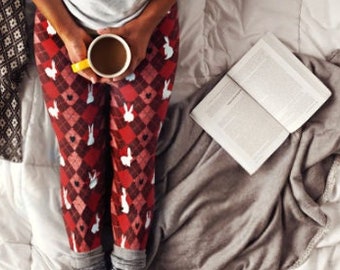 Red Argyle White Rabbit Leggings | Bunny Rabbit Lover Gift | Bunny Mom | Cozy Yoga Leggings | Winter Leggings For Women