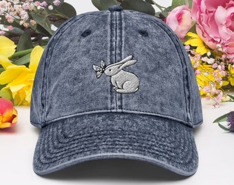 Süßer Schmetterlings-Häschen-Kaninchen bestickter Vintage-Hut | Kaninchen-Liebhaber-Geschenke | Cottagecore Fairycore Waldtiere Accessoires