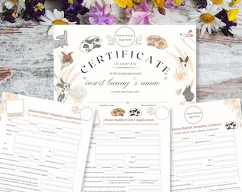 Pet Bunny Rabbit Rettung Shelter Adoption Foster Anwendungen Downloads und druckbare Vorlagen-Formulare Bundle | Haustier-Hasen-Adoptionszertifikat