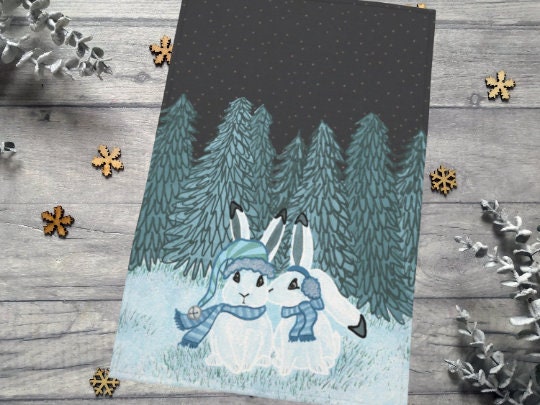 Snow Bunny Rabbit Tea Kitchen Towel Hanging | Bunny Lover Gifts | White Christmas Tea Kitchen Towel | Winter Woodland White Christmas Decor
