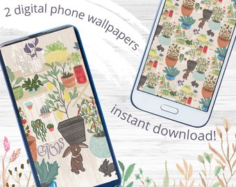 Greenhouse Bunny Rabbit Digitaler Garten Pflanzen Ästhetische Telefon Wallpaper Digital Download | Niedliche Häschen-Häuschen-Häuschen-Telefon-Hintergrund-Themen